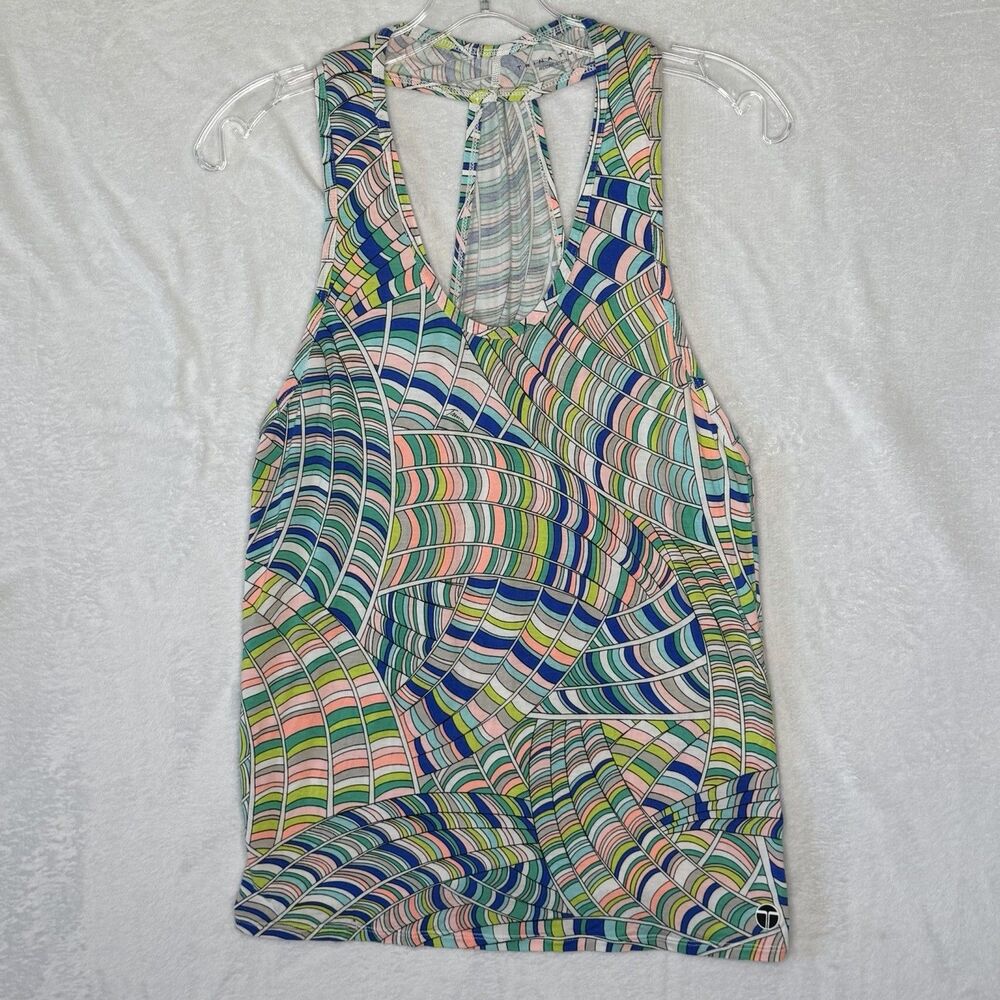 Trina Turk Recreation Yoga Top Draped Back Abstract Pink Blue Green Size Large** - Picture 4 of 16
